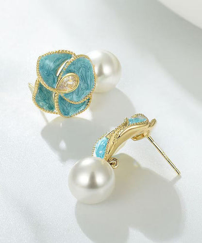 Boucles d'oreilles pendantes en alliage de cuivre bleu chic avec perles et émail floral WH031