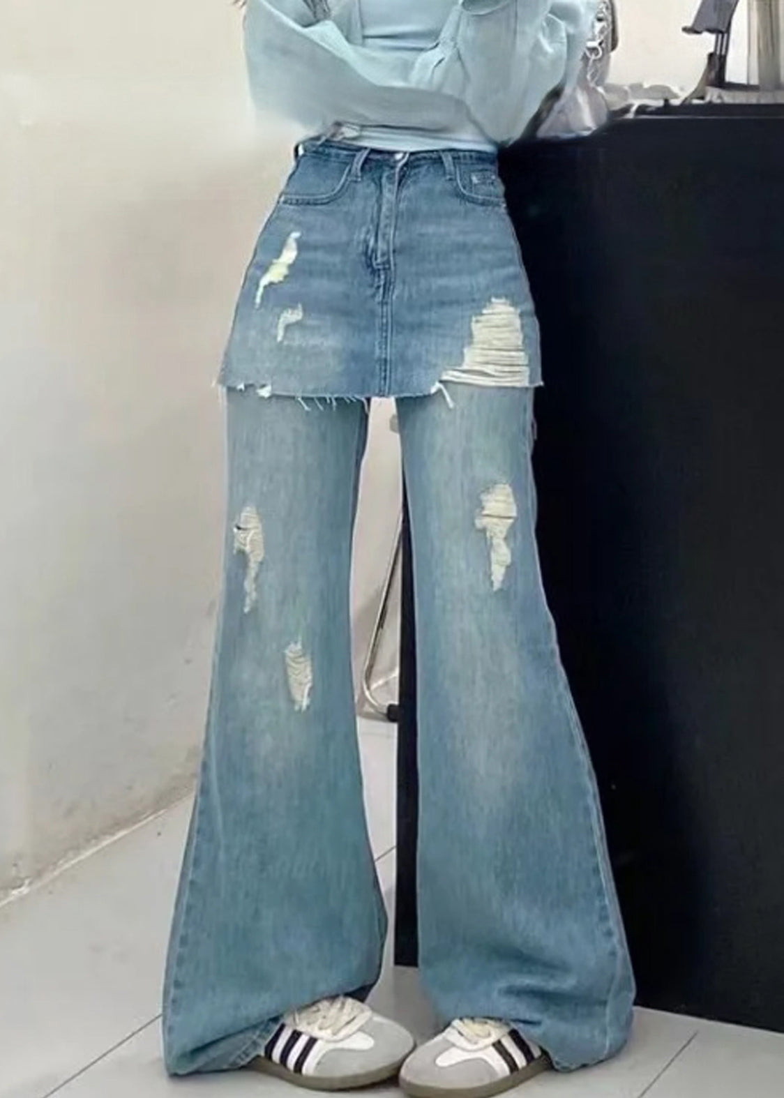 Schicke blaue falsche zweiteilige Jeanshose mit hoher Taille für den Sommer PP013