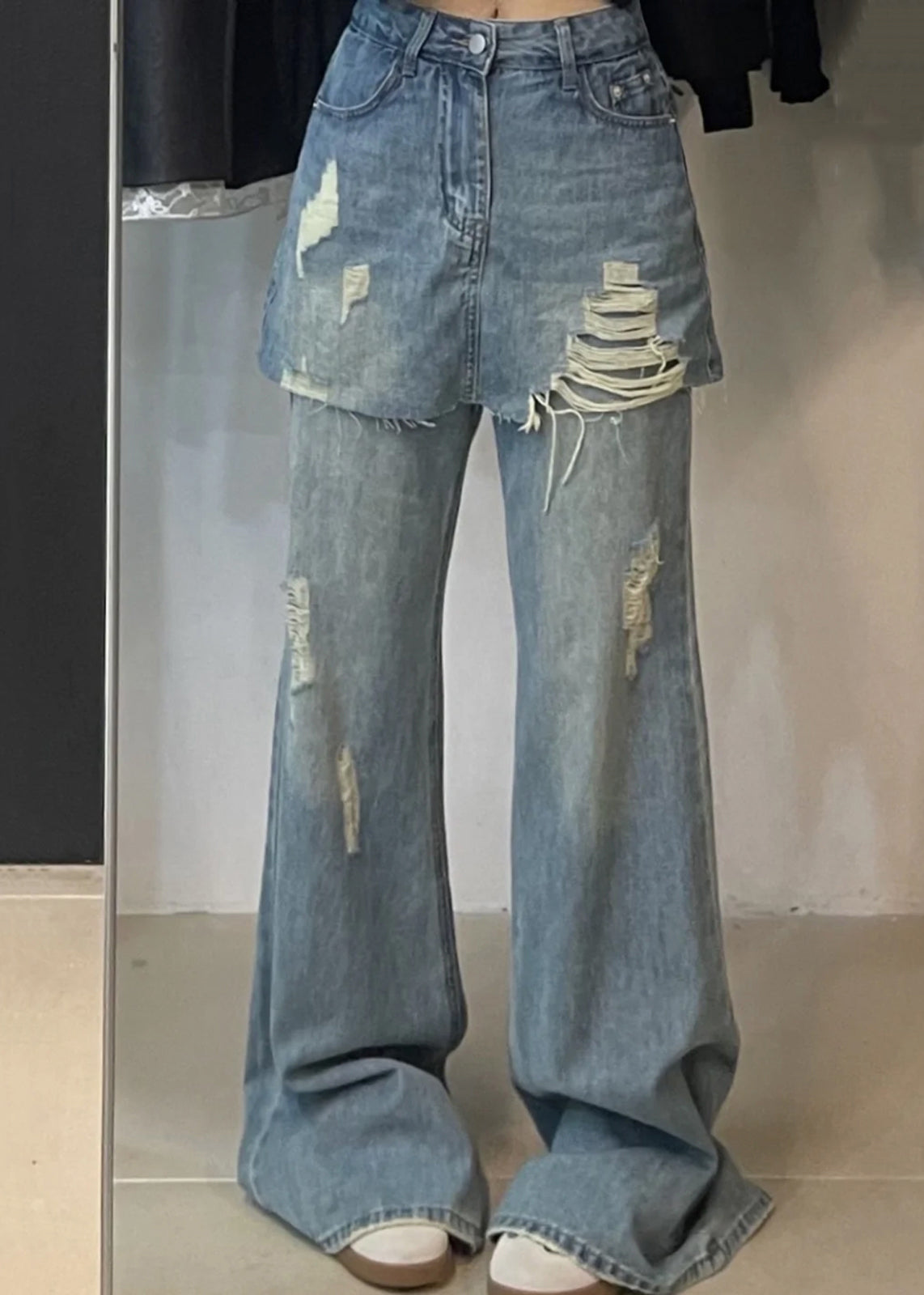 Schicke blaue falsche zweiteilige Jeanshose mit hoher Taille für den Sommer PP013