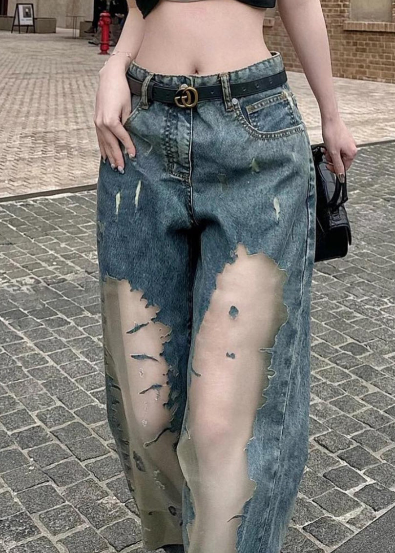 Chic Blue Hollow Out Patchwork Tulle Denim Straight Pants Spring YO16