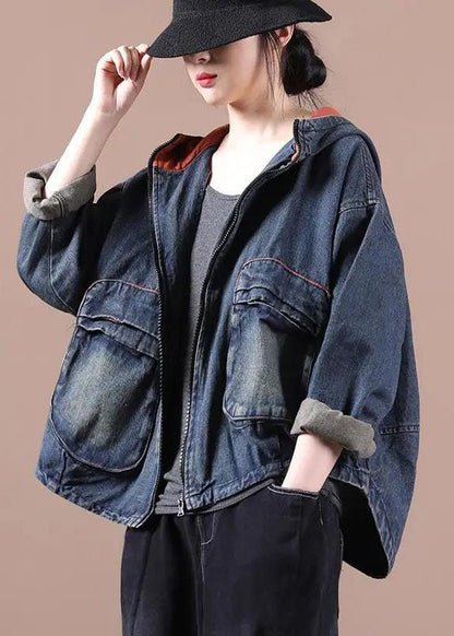 Chic Blue Hooded Pockets zippered Fall Denim Coat Long sleeve QS059