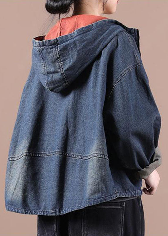 Chic Blue Hooded Pockets zippered Fall Denim Coat Long sleeve QS059