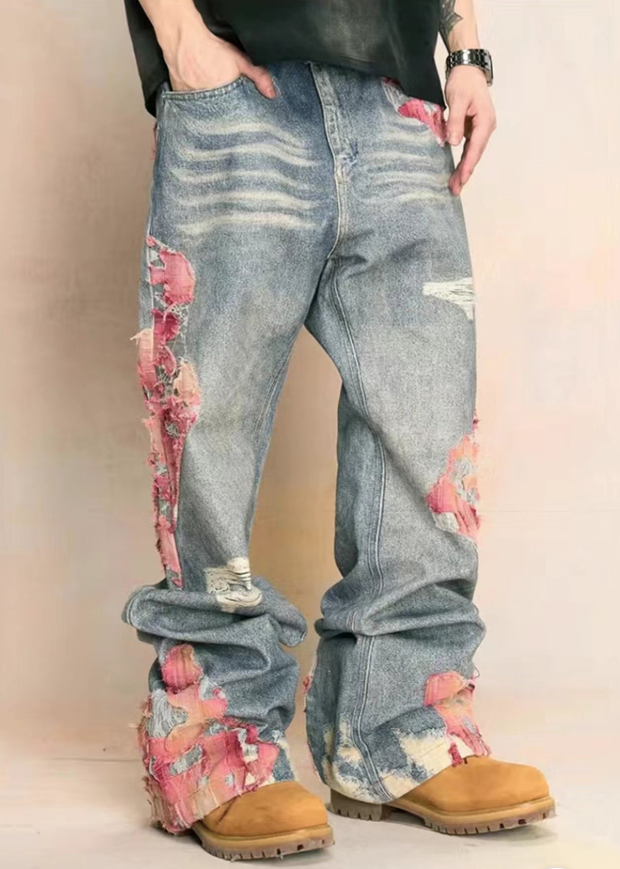 Chic Blue Print Pockets High Waist Denim Pants Fall AW1009