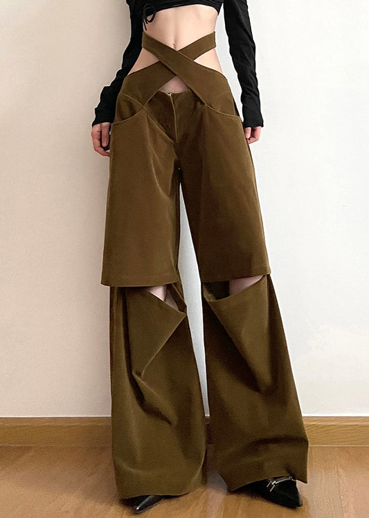 Schicke braune Baumwollhose mit weitem Bein und ausgehöhlten Taschen, Herbst AW1008