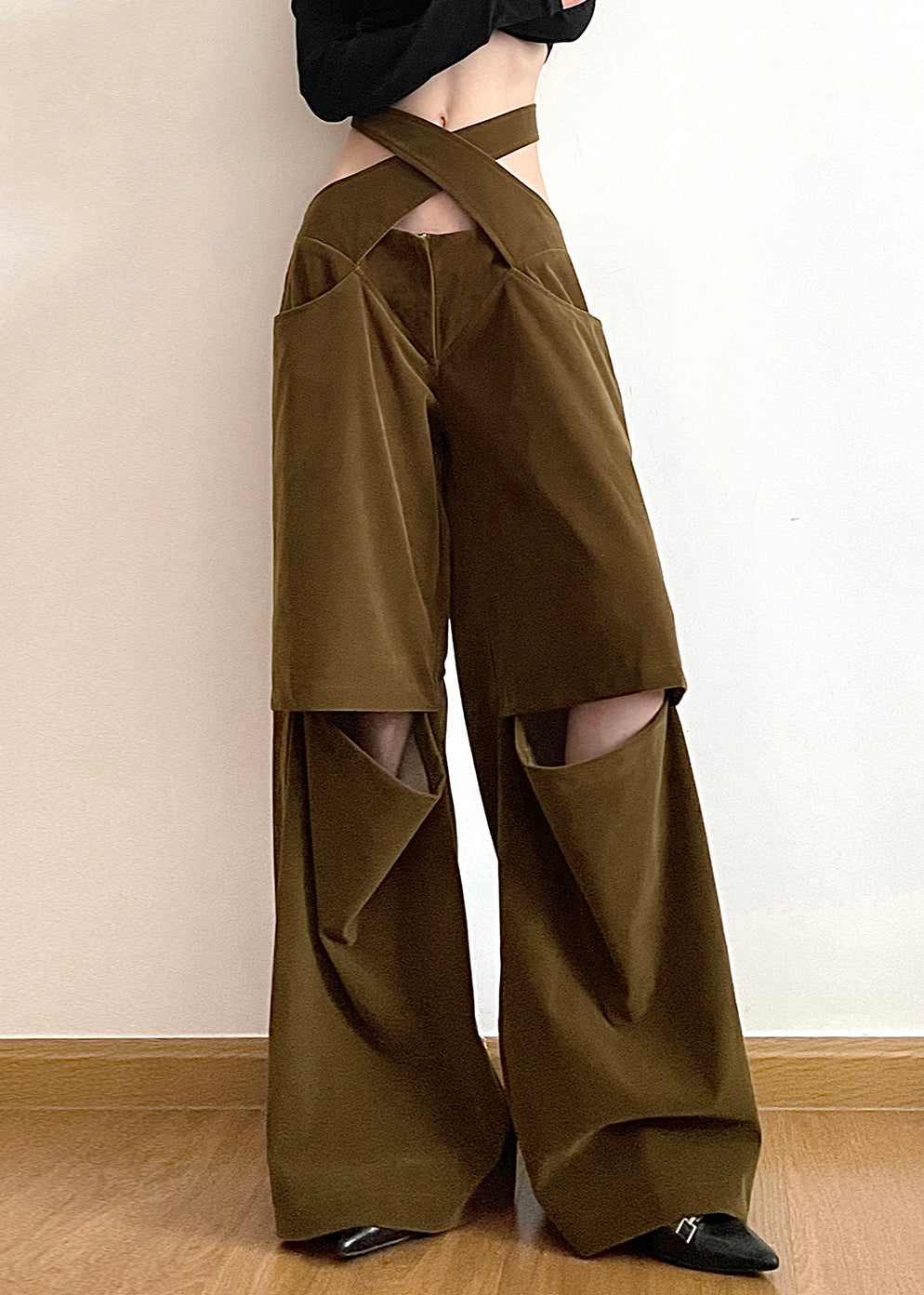 Chic Brown Hollow Out Pockets Cotton Wide Leg Pants Fall AW1008