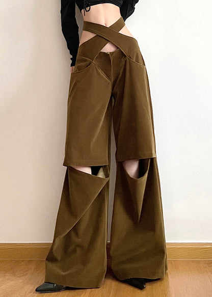 Chic Brown Hollow Out Pockets Cotton Wide Leg Pants Fall AW1008