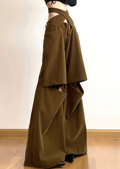 Chic Brown Hollow Out Pockets Cotton Wide Leg Pants Fall AW1008