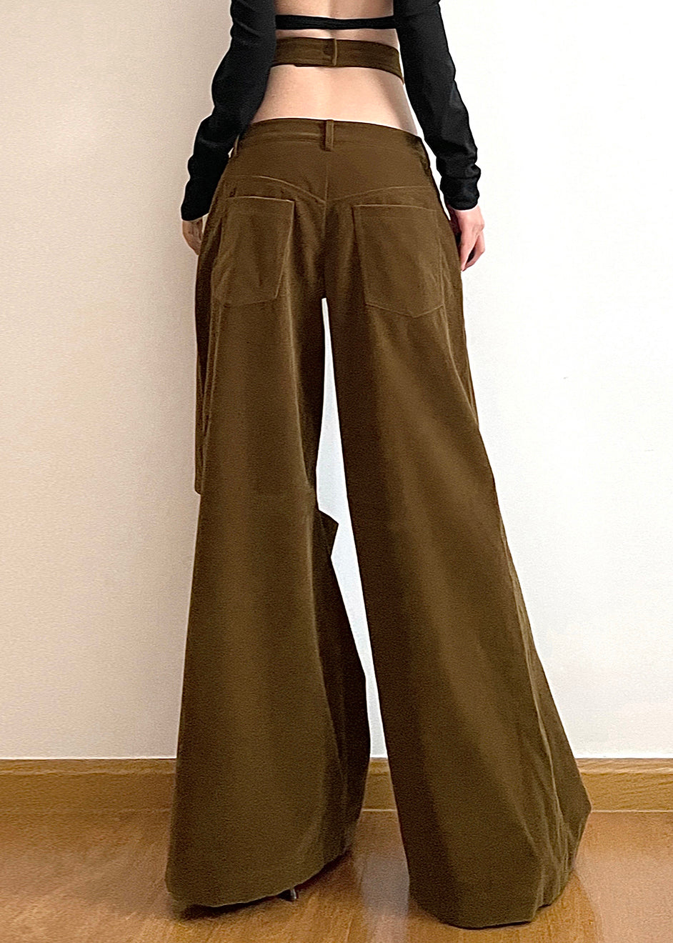 Chic Brown Hollow Out Pockets Cotton Wide Leg Pants Fall AW1008