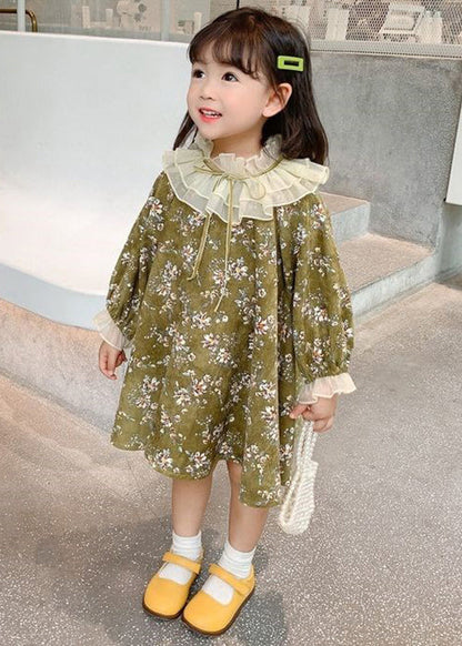 Chic Green Ruffled Lace Up Print Cotton Kids Girls Dresses Long Sleeve XZ065