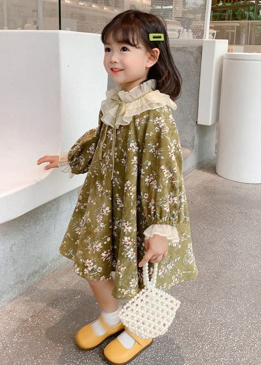 Chic Green Ruffled Lace Up Print Cotton Kids Girls Dresses Long Sleeve XZ065