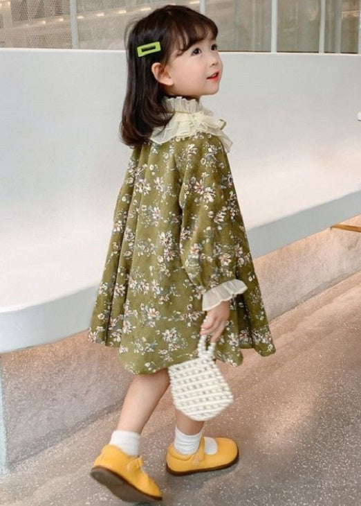 Chic Green Ruffled Lace Up Print Cotton Kids Girls Dresses Long Sleeve XZ065