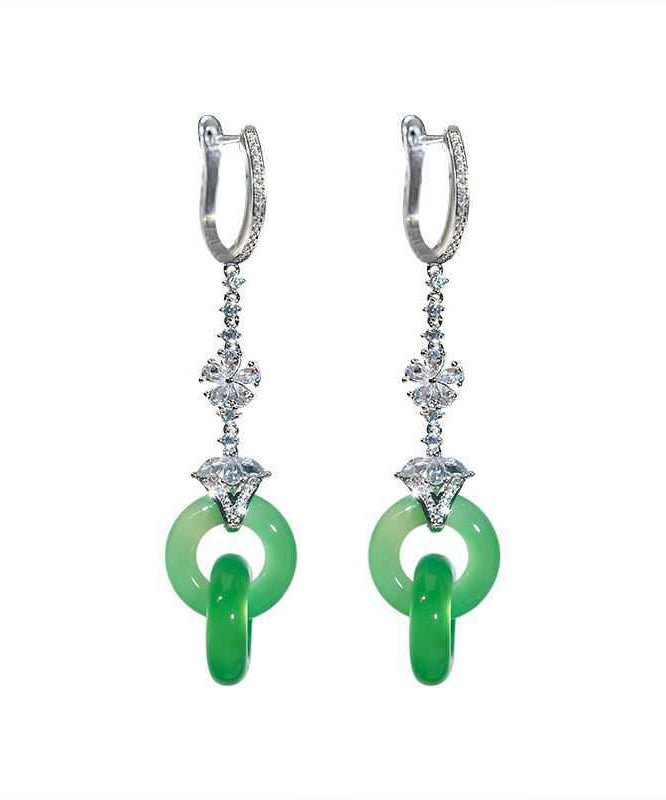 Schicke grüne Sterling Silber Zirkon Jade Ping Schnalle Quaste Drop Ohrringe AC1078