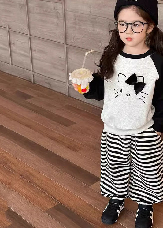 Chic Grey O-Neck Striped Girls Sweatshirt And Lantern Pants Two Piece Set Spring TR007