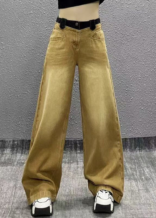 Chic Khaki Pockets Patchwork Denim Wide Leg Pants Fall RI007