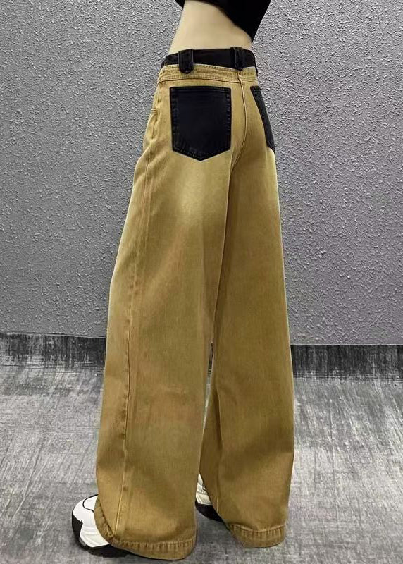 Chic Khaki Pockets Patchwork Denim Wide Leg Pants Fall RI007