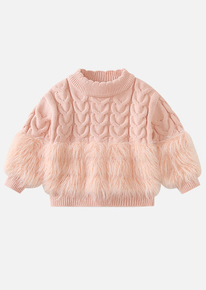 Chic Pink Fuzzy Fur Fluffy Patchwork Cotton Knit Kids Sweaters And Pants Two Pieces Set Winter TR021