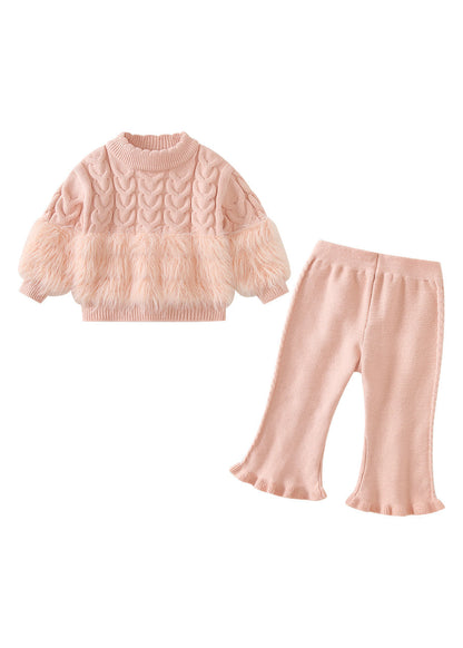 Chic Pink Fuzzy Fur Fluffy Patchwork Cotton Knit Kids Sweaters And Pants Two Pieces Set Winter TR021