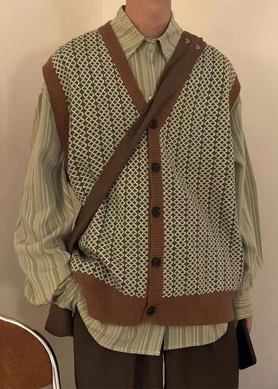 Chic Plaid Button Mens Knit Pullover Vest V Neck Sleeveless RJ029