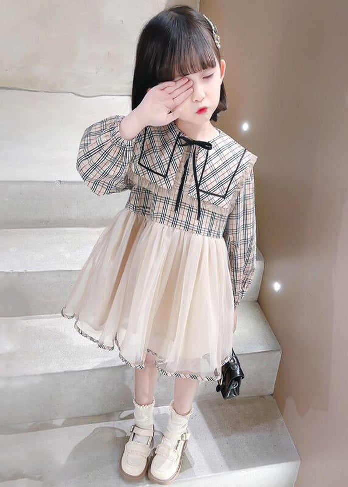 Chic Plaid Peter Pan Collar Tulle Patchwork Girls Dresses Long Sleeve XZ068