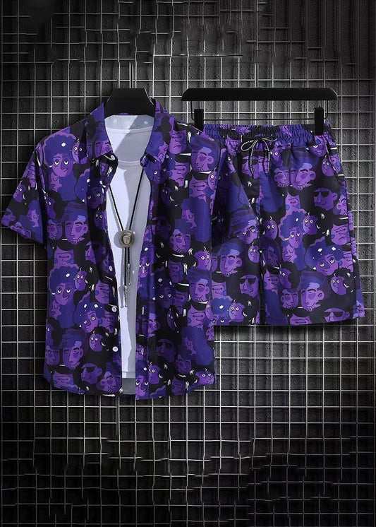 Chic Purple Print Shirt And Shorts Ice Silk Men Two Pieces Set Summer HG047