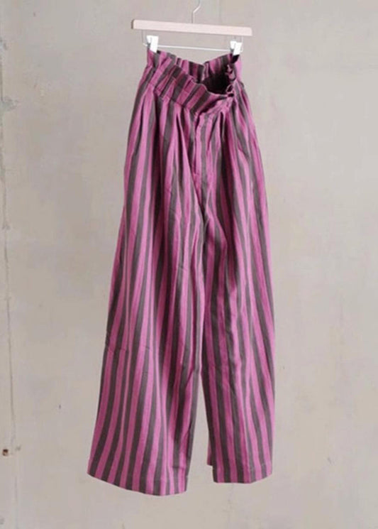 Pantalon large en coton à taille élastique à rayures violettes chic pour l'été AP045