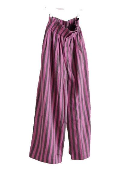 Pantalon large en coton à taille élastique à rayures violettes chic pour l'été AP045