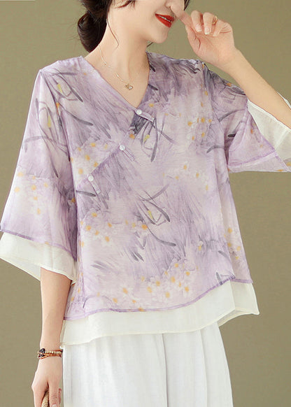 Chic Purple V Neck Button Print Cotton Shirt Flare Sleeve JH068