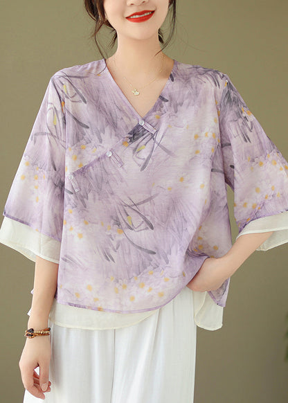 Chic Purple V Neck Button Print Cotton Shirt Flare Sleeve JH068