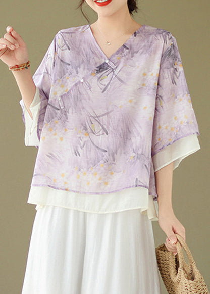 Chic Purple V Neck Button Print Cotton Shirt Flare Sleeve JH068