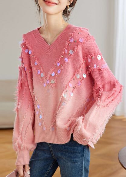 Chic Red Gradient V Neck Tassel Sequins Knit Sweater Tops Spring TQ002