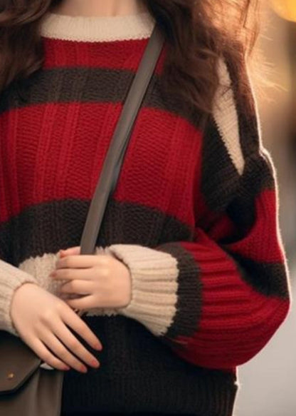 Chic Red Striped Cozy Patchwork Knit Sweater Winter WX029