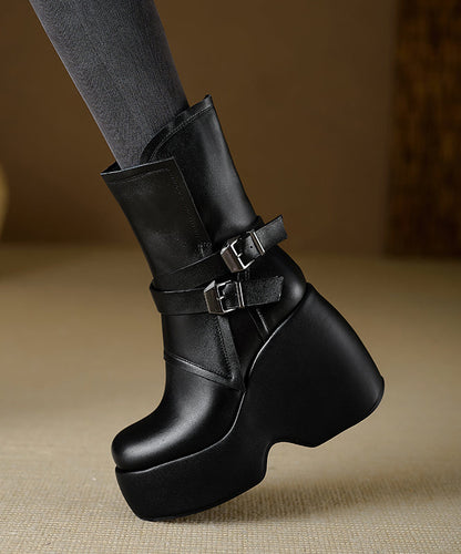 Chic Splicing Wedge Boots Black Cowhide Leather TP014