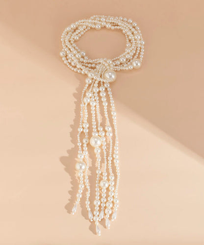 Chic White Alloy Pearl Tassel Locket Necklace YI007