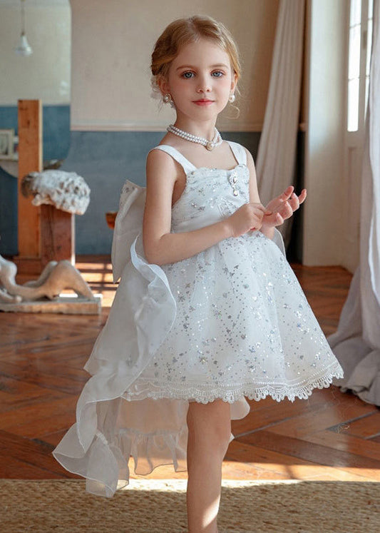 Chic White Square Collar Sequins Tulle Kids Long Spaghetti Strap Dress And Trailing Dress Two Piece set YE008