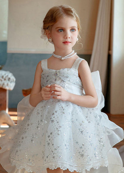 Chic White Square Collar Sequins Tulle Kids Long Spaghetti Strap Dress And Trailing Dress Two Piece set YE008