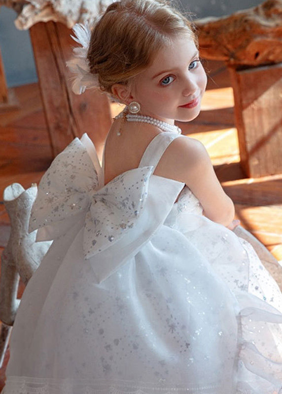 Chic White Square Collar Sequins Tulle Kids Long Spaghetti Strap Dress And Trailing Dress Two Piece set YE008