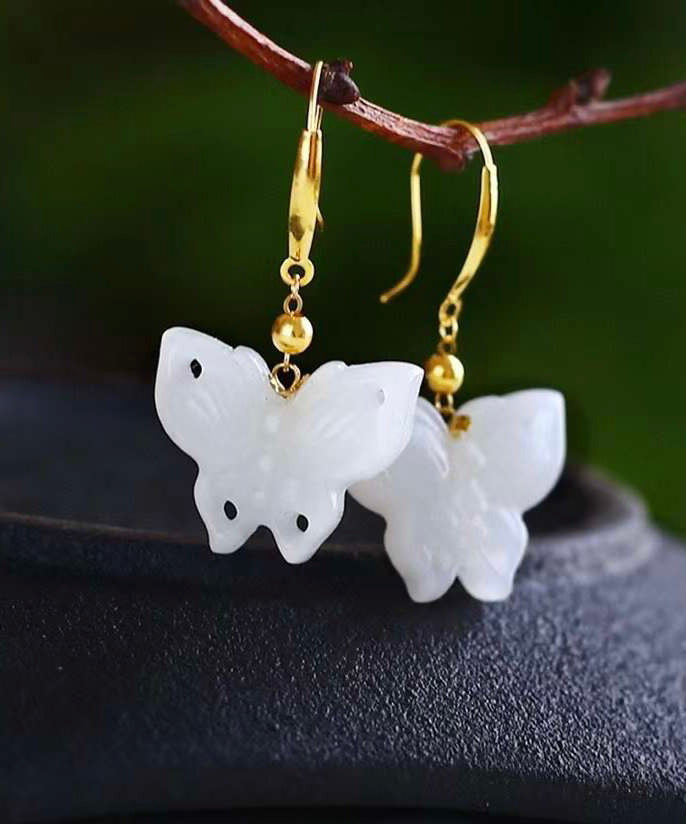 Chic White Sterling Silver Overgild Jade Butterfly Drop Earrings QU032