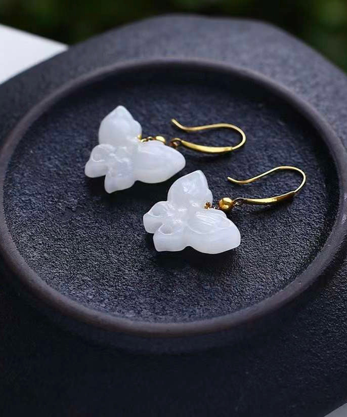 Chic White Sterling Silver Overgild Jade Butterfly Drop Earrings QU032