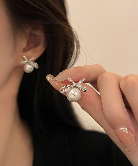 Chic White Sterling Silver Pearl Bow Stud Earrings QQ014