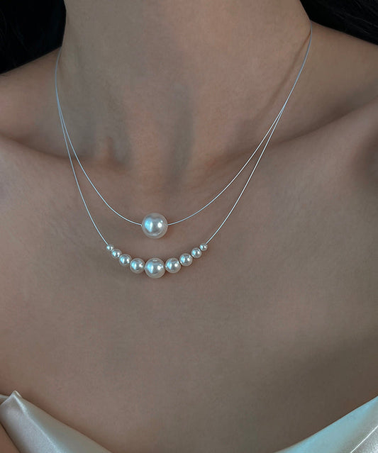 Chic White Sterling Silver Pearl Double Layered Two Piece Set Pendant Necklace YR013