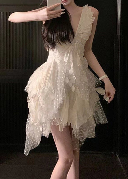 Robe mi-longue asymétrique en tulle blanche chic à col en V sans manches ZL058