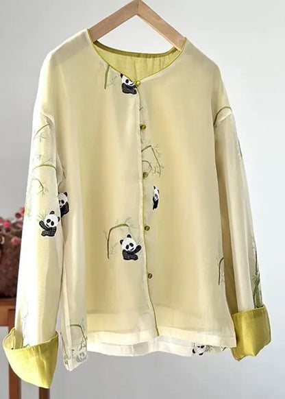 Chic Yellow O-Neck Animal Print Silk Coats Fall AG1038