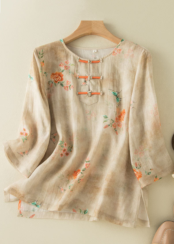 Grace Style Apricot O-Neck Print Oriental Button Side Open Linen Shirt Top Bracelet Sleeve TP049