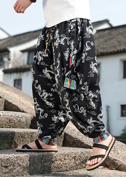 Chinese Style Black Print Ice Silk Loose Men's Lantern Pants Summer YT059