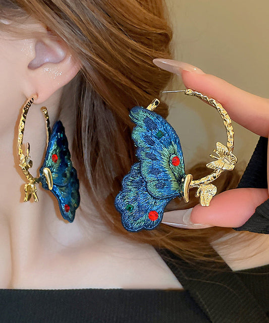 Boucles d'oreilles créoles papillon en alliage bleu de style chinois avec broderie en tissu incrusté de zircon QJ048