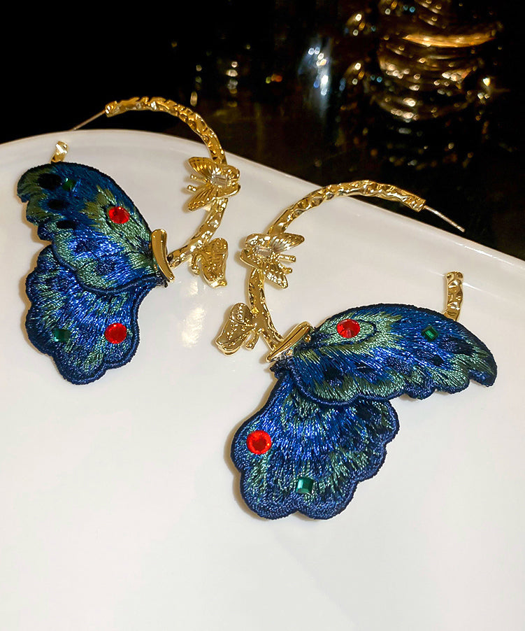 Boucles d'oreilles créoles papillon en alliage bleu de style chinois avec broderie en tissu incrusté de zircon QJ048