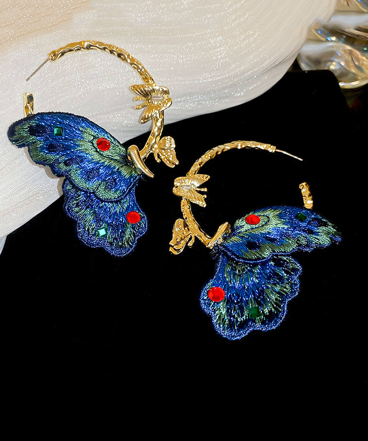 Chinese Style Blue Alloy Inlaid Cloth Embroidery Zircon Butterfly Hoop Earrings QJ048