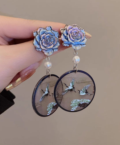 Boucles d'oreilles pendantes en argent sterling de style chinois avec perles florales bleues et grue couronnée QQ023