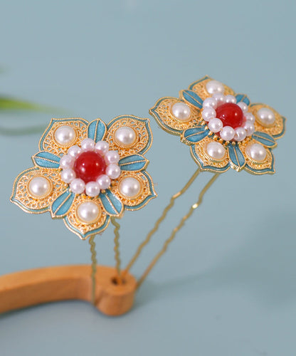 Chinese Style Colorblock Sterling Silver Overgild Pearl Enamel Floral Hairpin WI042