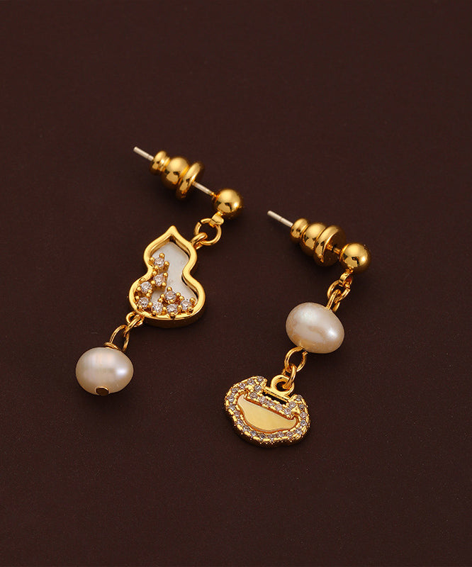 Boucles d'oreilles pendantes en cuivre doré de style chinois avec perles et zircons QI070